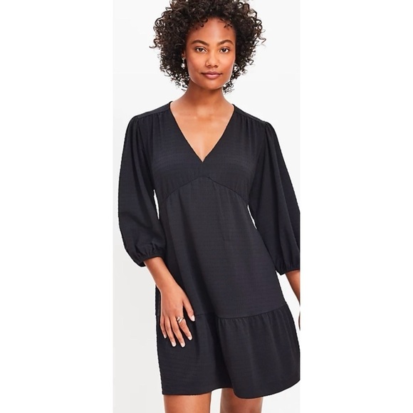 LOFT Black Jacquard Balloon Sleeve V-Neck Dress 2 - Picture 1 of 10
